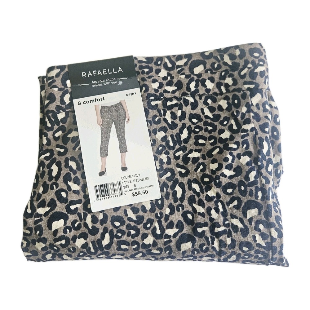 Rafaella Animal Print Size 8 Navy Leopard Comfort Capri Pants Pull On Retail$59